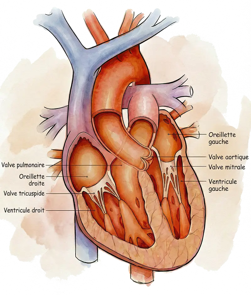 Schéma d'un coeur sain, avec les valves aortique, pulmonaire et tricuspide