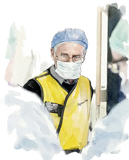 Portait d'Alain Cribier en salle d'opération pour la pose d'une valve TAVI, à Rouen